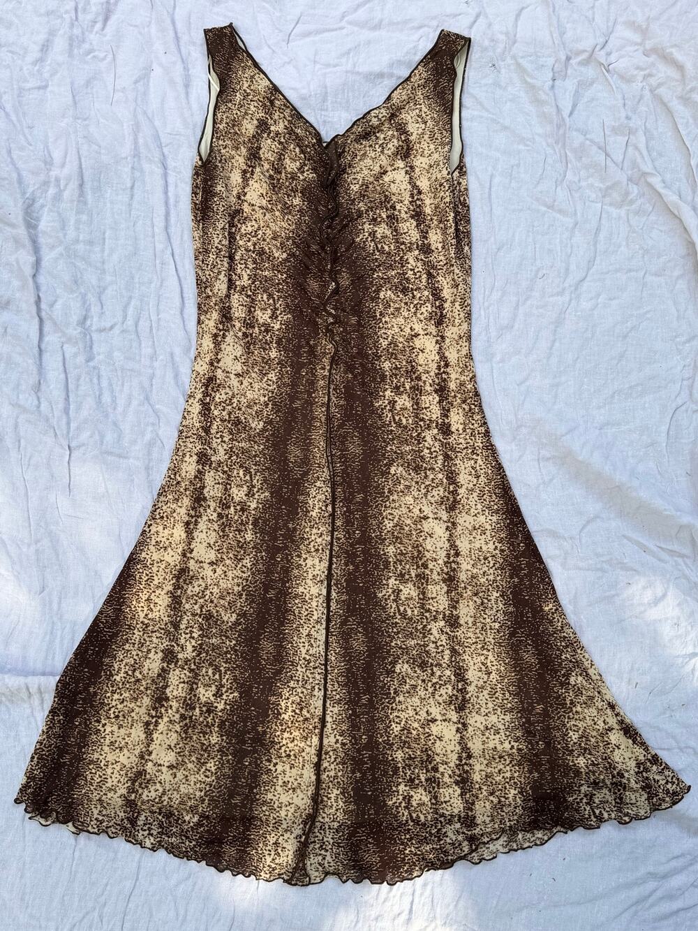 Y2K Whimsigoth Brown Mesh Ruched Lettuce Trim Midi Dress python snake print